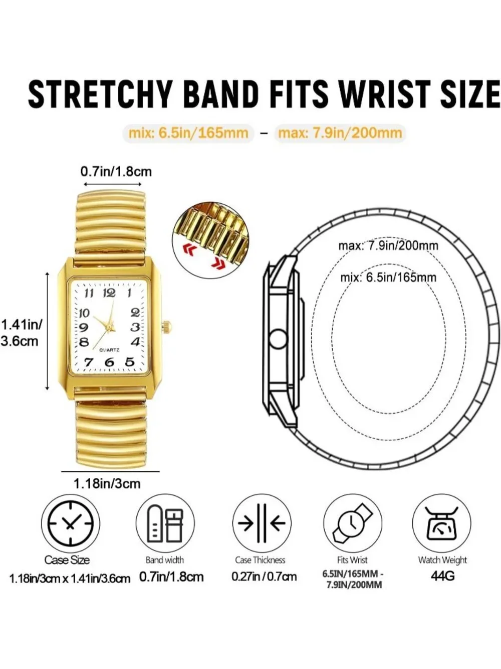Women's Gold Analog Quartz Big Dial Easy Reader Stretch Band Square Wrist Watch